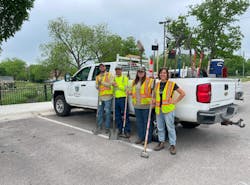 Crew with retrofitted truck to hold essential tools. Crew with retrofitted truck to hold essential tools.