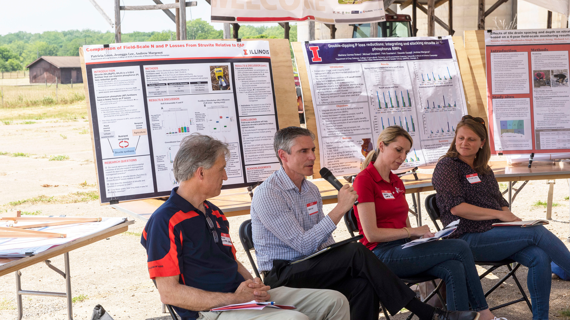 University of Illinois College of ACES Acting Associate Dean for Research Alex Winter-Nelson, (from left), MWRD Executive Director Brian A. Perkovich, Illinois Farm Bureau Director of Environmental Policy Lauren Lurkins and NACWA Managing Director of Governmental Affairs Kristina Surfus discuss the value of point source and nonpoint source partnerships for nutrient loss reduction;