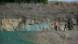 Five of the eight acres were 2 to 1 slopes, which were over sprayed with the canon after the slopes were hosed with three-man crews. Five of the eight acres were 2 to 1 slopes, which were over sprayed with the canon after the slopes were hosed with three-man crews.