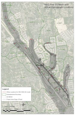 Figure 3- HEC-RAS 2D Mesh with inflow hydrographs shown Figure 3- HEC-RAS 2D Mesh with inflow hydrographs shown
