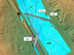Figure 4- Maximum water surface elevation in adding bridge and culverts area of Alternative 1 during the 100-year design storm. White lines represent particle flow direction. Figure 4- Maximum water surface elevation in adding bridge and culverts area of Alternative 1 during the 100-year design storm. White lines represent particle flow direction.