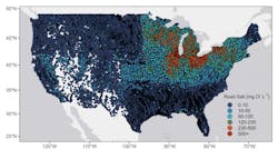The model’s predictions for where road salt concentrations will stabilize in 461,567 lakes and reservoirs larger than 2.5 acres. Each point on the map represents a lake or reservoir. The predictions assume that road density and salt application rate per unit of road remain constant at mean 2010-2015 levels. The model’s predictions for where road salt concentrations will stabilize in 461,567 lakes and reservoirs larger than 2.5 acres. Each point on the map represents a lake or reservoir. The predictions assume that road density and salt application rate per unit of road remain constant at mean 2010-2015 levels.