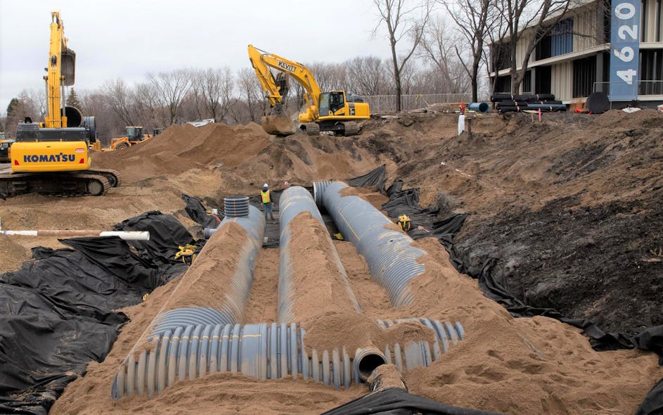 The underground system designed for a 100-year storm is made up of three rows of Prinsco&rsquo;s 60-inch diameter dual-wall Goldpro Storm polypropylene pipe.