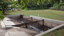 ESCS bioretention receives high volumes of runoff, infiltrates, adsorbs, and reaerates turf roots in Huntersville, North Carolina.