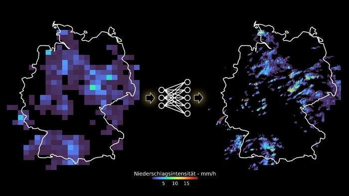 KIT researchers use AI to produce highly resolved radar films from coarsely resolved maps in order to better forecast local precipitation events.