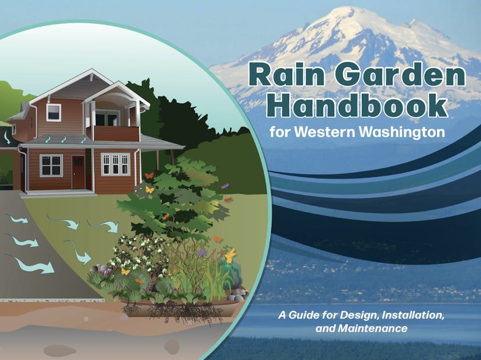 The 2023 rain garden handbook includes new, illustrative photos and updated rain garden sizing criteria. Photo Credit: Rain Dog Designs, Gig Harbor, WA