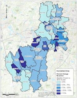 Fig 3 Percent increase in inundated areas for the 2070 10-year storm event versus the present day 10-year storm event. The darker the blue, the higher the percentage increase in flooding. (Courtesy Weston &amp; Sampson)