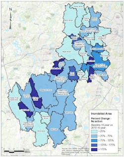 Fig 3 Percent increase in inundated areas for the 2070 10-year storm event versus the present day 10-year storm event. The darker the blue, the higher the percentage increase in flooding. (Courtesy Weston & Sampson) Fig 3 Percent increase in inundated areas for the 2070 10-year storm event versus the present day 10-year storm event. The darker the blue, the higher the percentage increase in flooding. (Courtesy Weston & Sampson)
