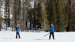 Angelique Fabbiani-Leon, left, State Hydrometeorologist, and Andy Reising, Water Resources Engineer, both with the California Department of Water Resources Snow Surveys and Water Supply Forecasting Unit, work during the measurement phase of the fourth media snow survey of the 2024 season at Phillips Station in the Sierra Nevada. The survey is held approximately 90 miles east of Sacramento off Highway 50 in El Dorado County. Photo taken April 2, 2024. Angelique Fabbiani-Leon, left, State Hydrometeorologist, and Andy Reising, Water Resources Engineer, both with the California Department of Water Resources Snow Surveys and Water Supply Forecasting Unit, work during the measurement phase of the fourth media snow survey of the 2024 season at Phillips Station in the Sierra Nevada. The survey is held approximately 90 miles east of Sacramento off Highway 50 in El Dorado County. Photo taken April 2, 2024.