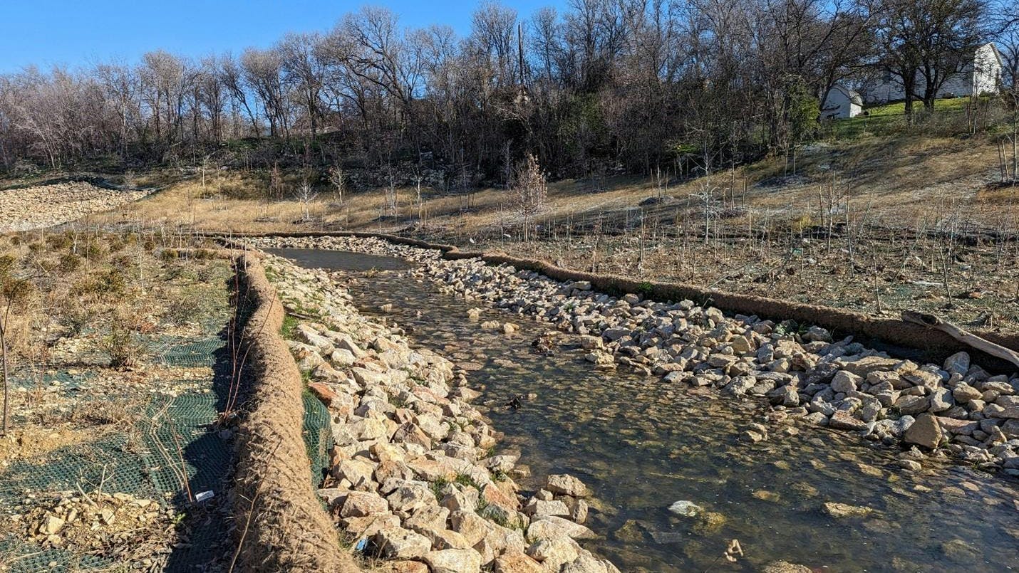 Riffle, pool, run sequences design based on natural stream mechanic principals to dissipate erosive flows.