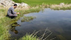 Scientist measuring environmental water quality in a wetland using a multi-parameter probe. Scientist measuring environmental water quality in a wetland using a multi-parameter probe.