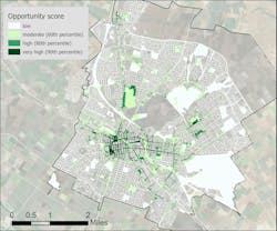 Output of a GIS-based suitability analysis to identify stormwater treatment project sites in the City of Salinas. This map output is updated as new data flows into their stormwater data management system.