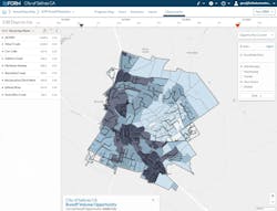 A view of the cloud-based stormwater information management platform used by the City of Salinas, CA. This map shows runoff mitigation opportunities for urban catchments along with storm drain infrastructure and routing to each receiving waterbody.