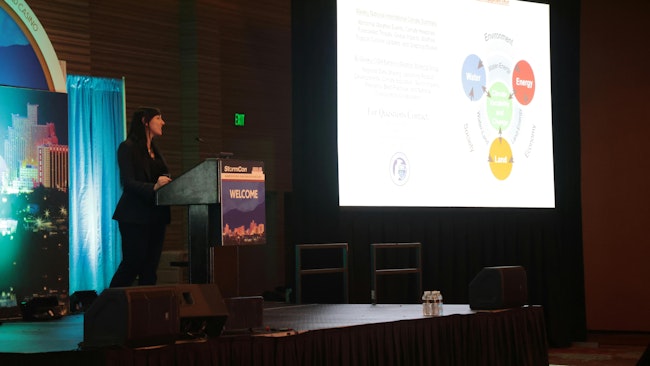 Sunny Wescott delivers the keynote speech at StormCon 2024. Photo credit: Erin Rowe