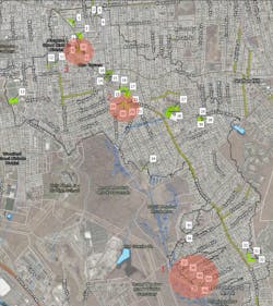 Figure 3: Map of the 42 green infrastructure opportunities identified within the watershed, with the three highest priority clusters (see Prioritization in Table 1) circled in red. Figure 3: Map of the 42 green infrastructure opportunities identified within the watershed, with the three highest priority clusters (see Prioritization in Table 1) circled in red.
