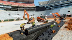 Corrugated HDPE pipe was easy to handle and install for the Precision Turf crew. Corrugated HDPE pipe was easy to handle and install for the Precision Turf crew.