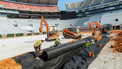 Corrugated HDPE pipe was easy to handle and install for the Precision Turf crew. Corrugated HDPE pipe was easy to handle and install for the Precision Turf crew.