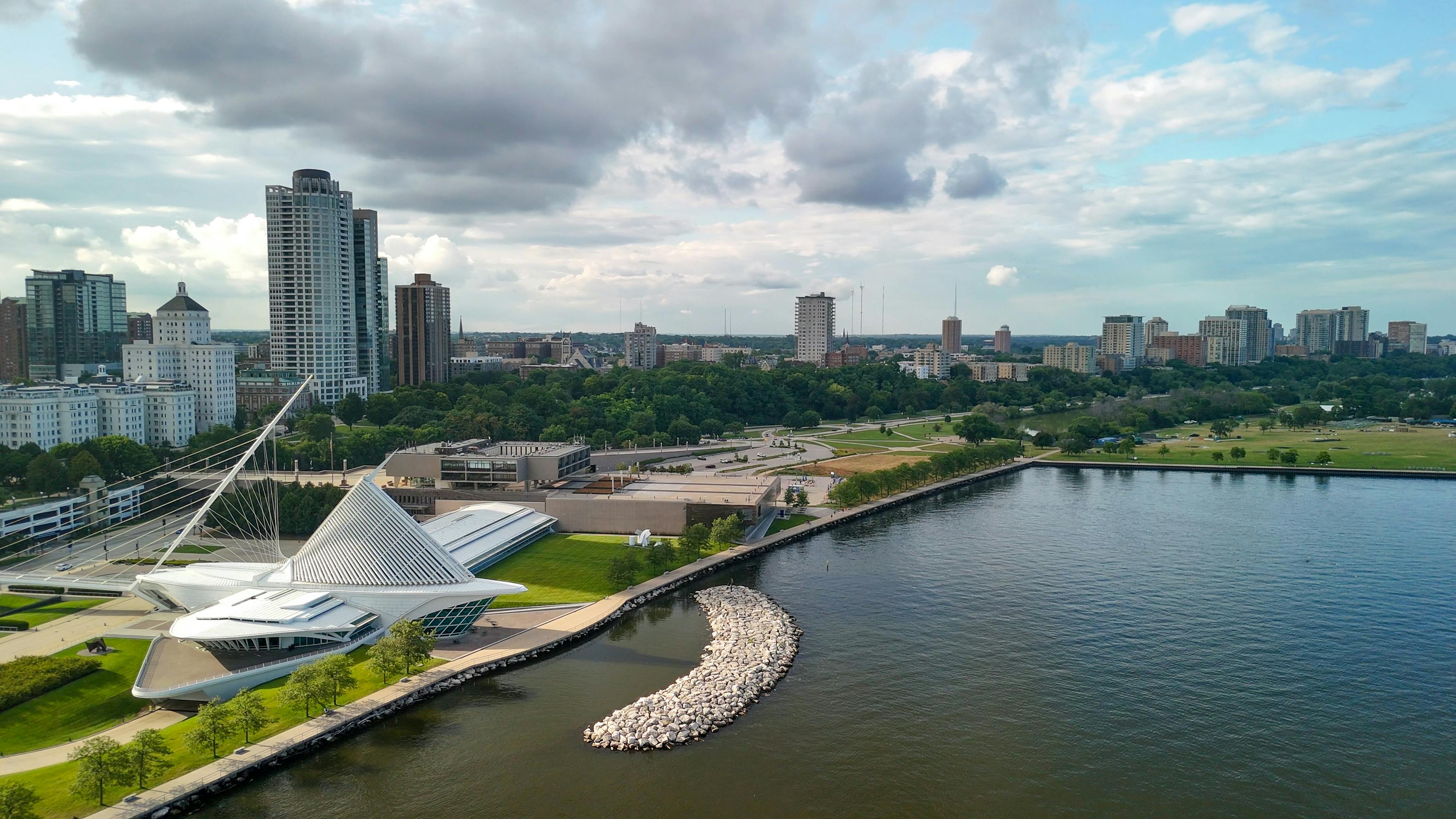 Aerial view of Milwaukee skyline from Lake Michigan, Wisconsin - USA