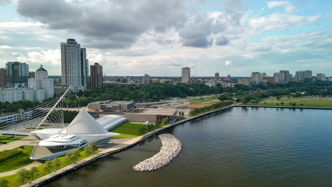 Aerial view of Milwaukee skyline from Lake Michigan, Wisconsin - USA