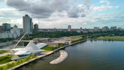 Aerial view of Milwaukee skyline from Lake Michigan, Wisconsin - USA Aerial view of Milwaukee skyline from Lake Michigan, Wisconsin - USA