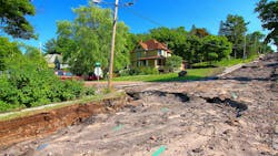 Houghton Michigan Flash Flood Damage. Houghton, Michigan, USA - June 18, 2018: Intense storm rainfall and flash flooding in June of 2018 caused property damage and completely washed out Agate Street in the town of Houghton, Michigan. Houghton Michigan Flash Flood Damage. Houghton, Michigan, USA - June 18, 2018: Intense storm rainfall and flash flooding in June of 2018 caused property damage and completely washed out Agate Street in the town of Houghton, Michigan.