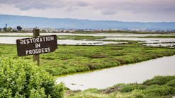 Restoration sign in the wetlands in Alviso Marsh, Don Edwards wildlife refuge, south San Francisco bay, California Restoration sign in the wetlands in Alviso Marsh, Don Edwards wildlife refuge, south San Francisco bay, California