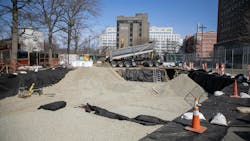 A stormwater storage system being installed under one of the parking lots at Jacobi Hospital. A stormwater storage system being installed under one of the parking lots at Jacobi Hospital.
