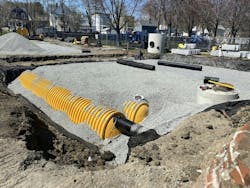 Filter fabric can be laid underneath the stone bed and chambers to prevent sediment from entering the stone void space Filter fabric can be laid underneath the stone bed and chambers to prevent sediment from entering the stone void space