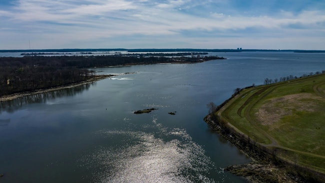 An aerial view of the Hutchinson River on a sunny morning in the Bronx, New York