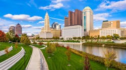 Columbus, Ohio, downtown skyline over the Scioto River Columbus, Ohio, downtown skyline over the Scioto River