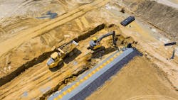 Aerial top view of assembling underground stormwater system Aerial top view of assembling underground stormwater system