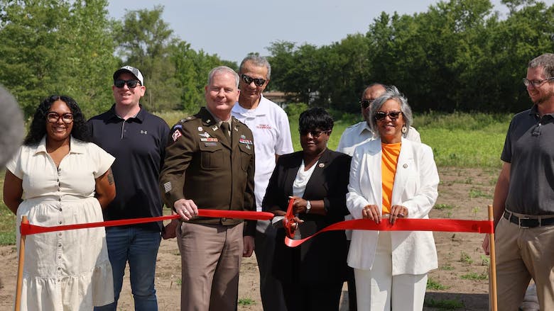 Stakeholders gathered in the Village of Glenwood, Illinois, to celebrate the opening of a new stormwater project on August 4, 2025. The project increases stormwater storage, reduces flooding and improves water quality. Photo credit: USACE