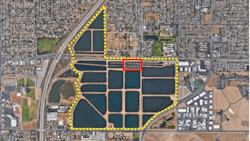 Figure 2: Aerial view of Leaky Acres groundwater recharge complex showing Silt Basin 6, indicated by red box. Image modified from Google Earth. Figure 2: Aerial view of Leaky Acres groundwater recharge complex showing Silt Basin 6, indicated by red box. Image modified from Google Earth.