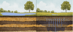 Figure 4: Comparison of infiltration dynamics in a stormwater basin without (left) and with (right) IRIS. IRIS facilitates deeper and more widespread water movement through variable permeability soil layers, enhancing groundwater recharge and reducing surface ponding and runoff (Image credit: Parjana Engineering). Figure 4: Comparison of infiltration dynamics in a stormwater basin without (left) and with (right) IRIS. IRIS facilitates deeper and more widespread water movement through variable permeability soil layers, enhancing groundwater recharge and reducing surface ponding and runoff (Image credit: Parjana Engineering).