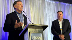 Steve Sandstrum expresses his thanks for receiving his Lifetime Achievement Award to the PPI membership during the association’s October 2025 meeting as PPI President David Fink looks on (Photo credit: PPI).