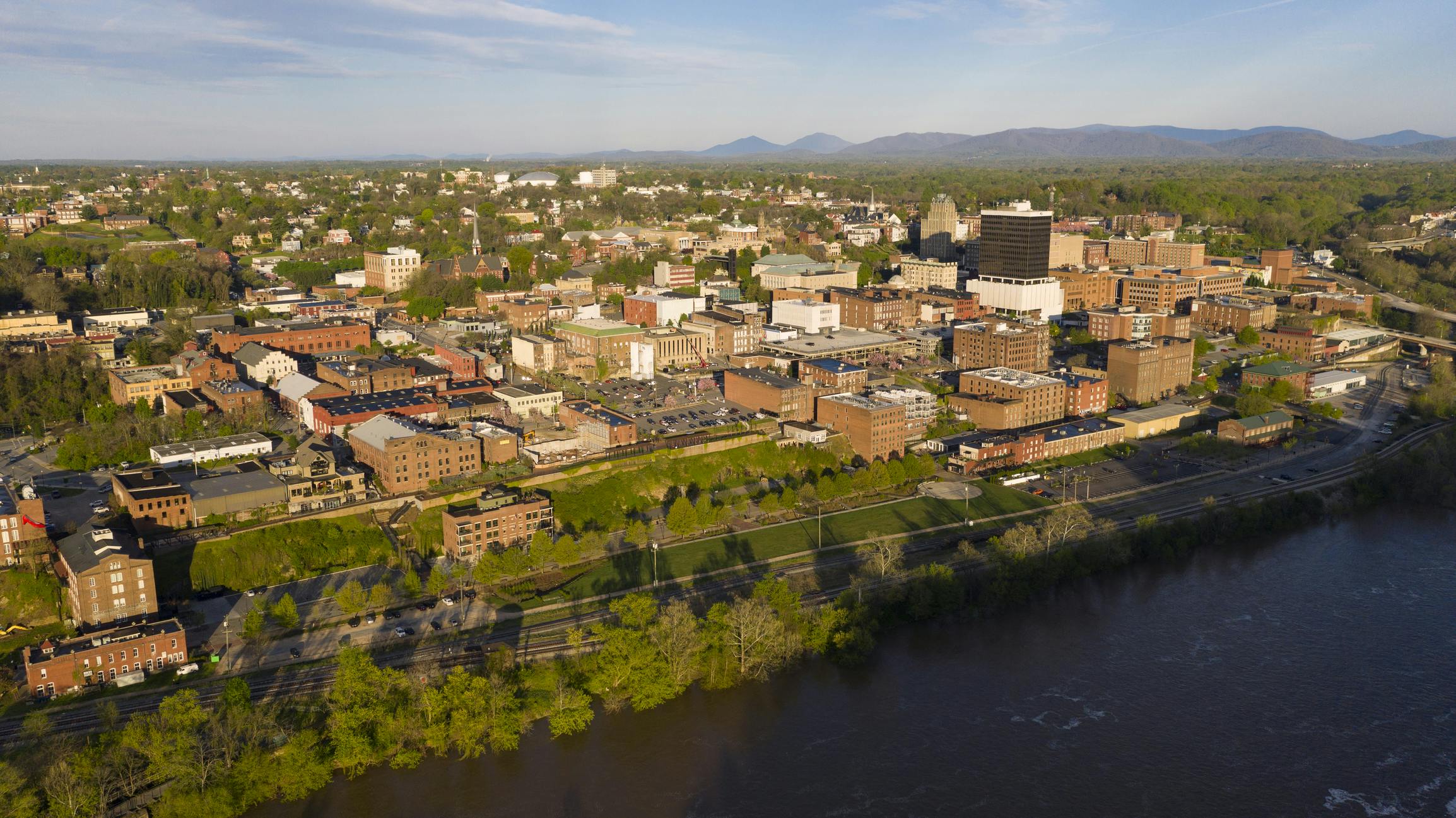 Aerial View of the James River flowing by the hill that holds lynchburg Virginia