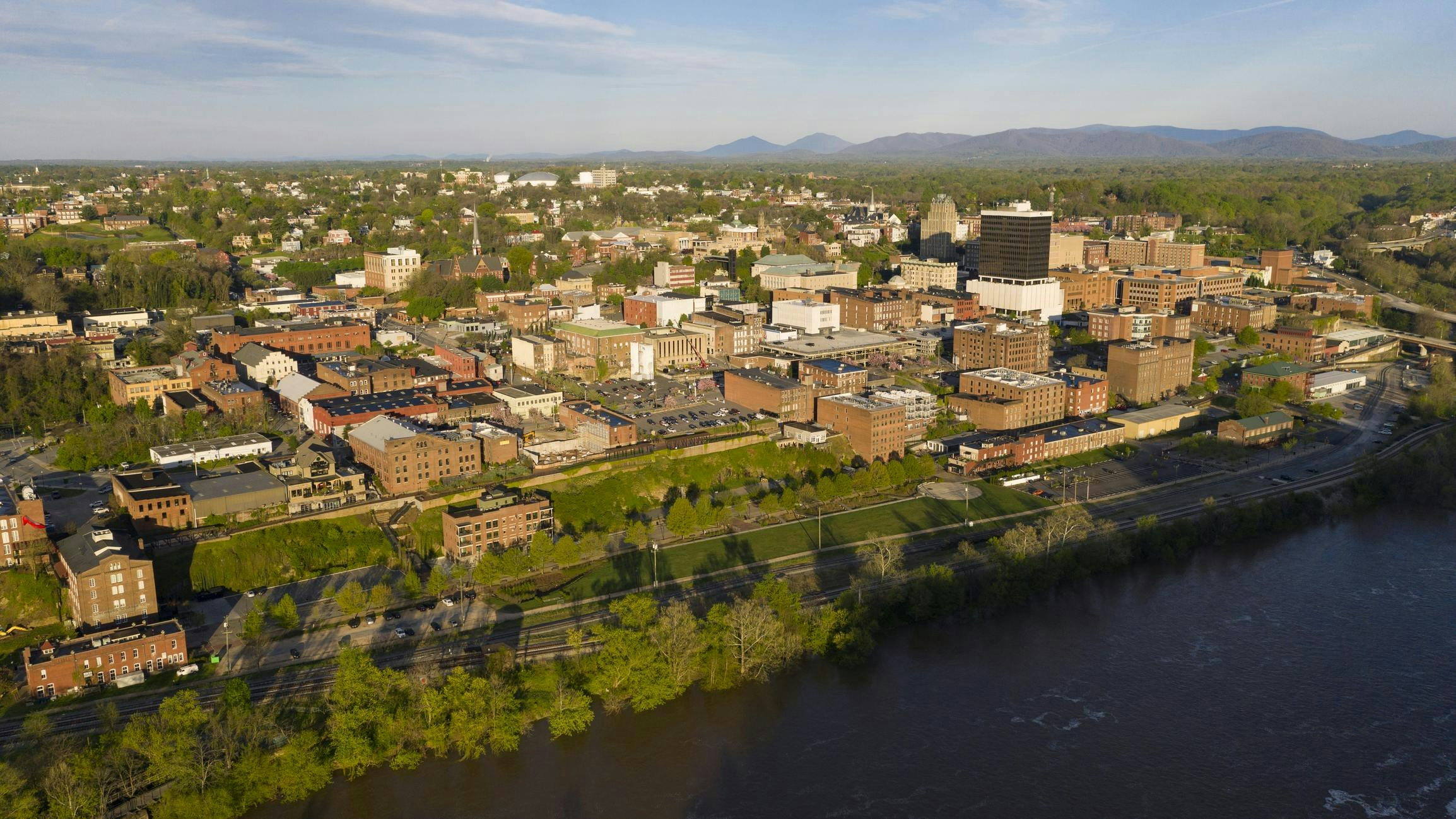Aerial View of the James River flowing by the hill that holds lynchburg Virginia