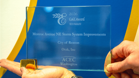 The Gold Award for Uniqueness and/or Innovative Application of New or Existing Techniques from the American Council of Engineering Companies of Washington for the Monroe Avenue Stormwater Facility (Photo credit: City of Renton).
