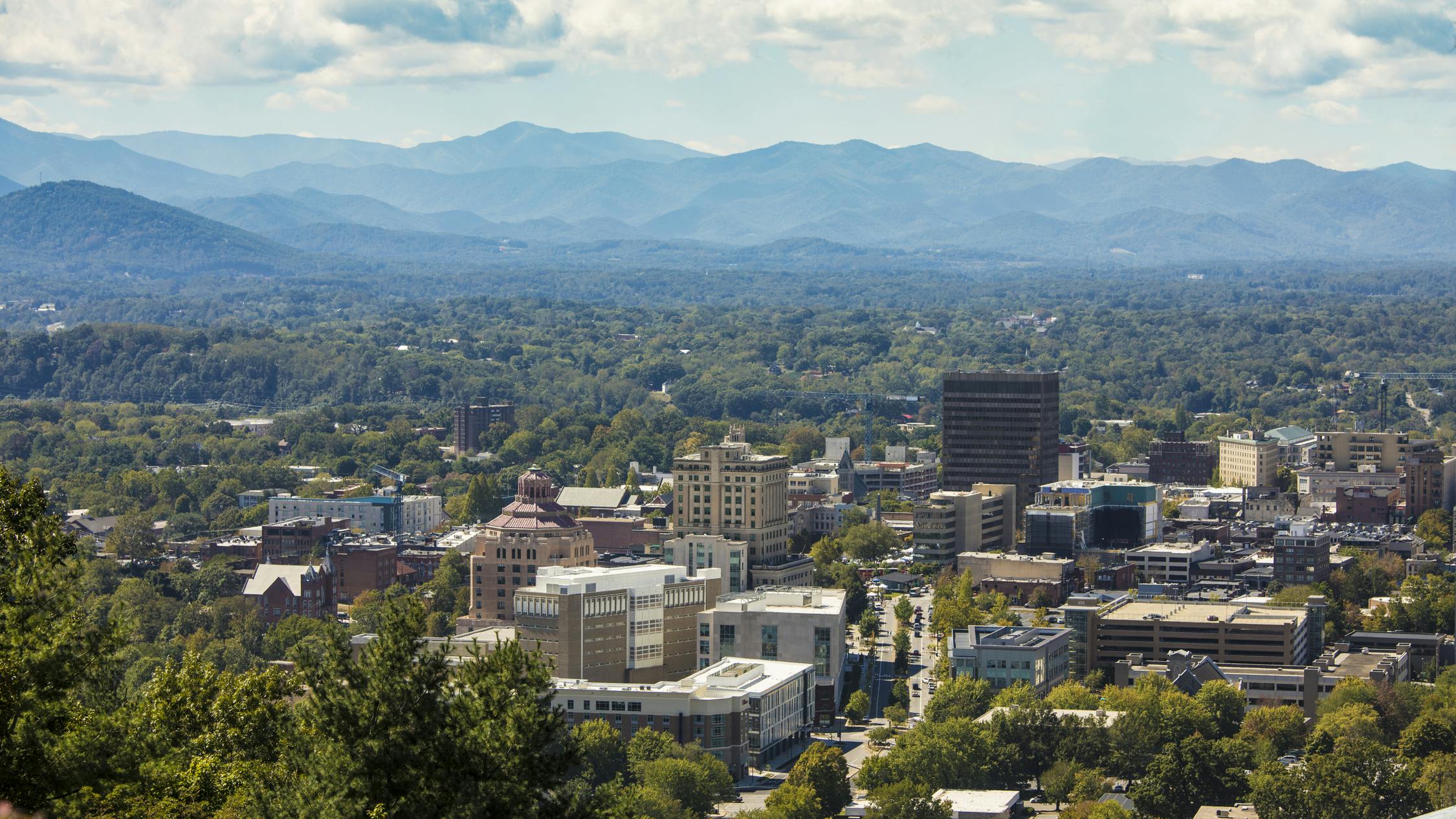 Low aerial shot of downtown Asheville, North Carolina