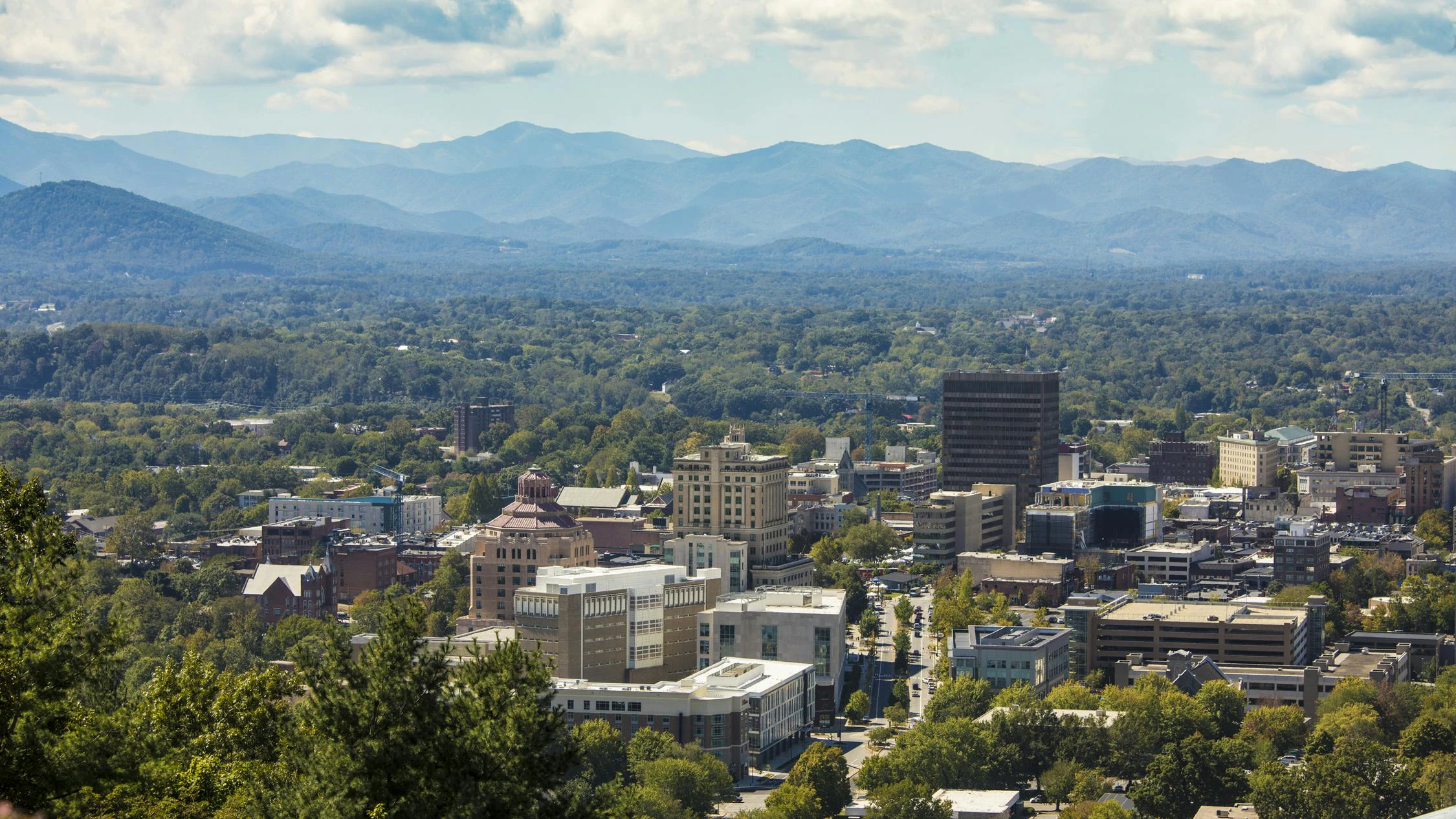 Low aerial shot of downtown Asheville, North Carolina
