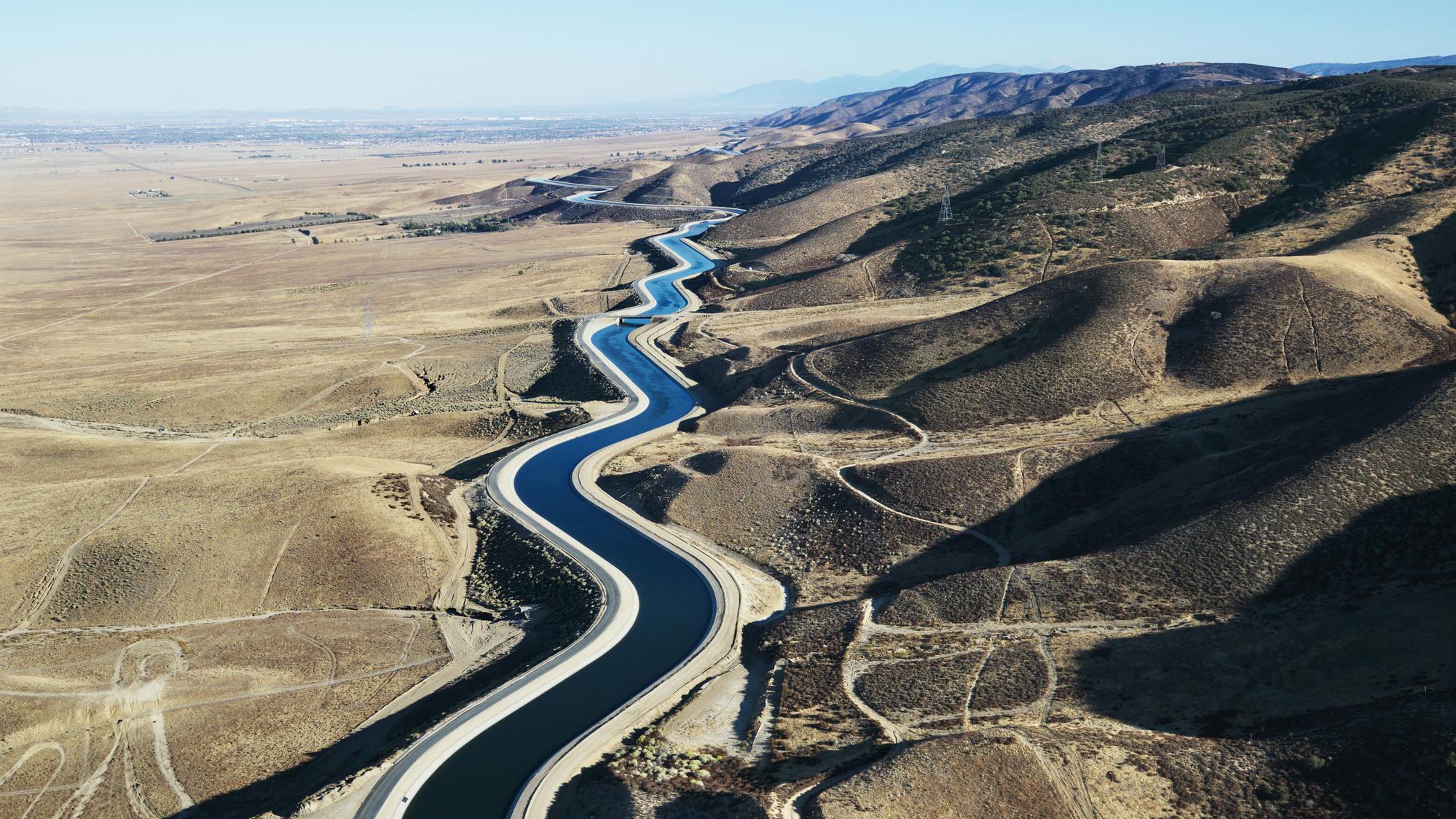 Aerial view of water carrying aqueduct in Outer Los Angeles
