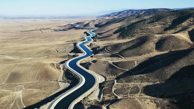 Aerial view of water carrying aqueduct in Outer Los Angeles