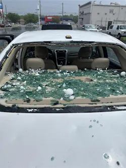 Hail damaged cars in Springfield, Missouri during a storm at about 11:45 am on April 28. Photo by Gabe Chandler. Hail damaged cars in Springfield, Missouri during a storm at about 11:45 am on April 28. Photo by Gabe Chandler.