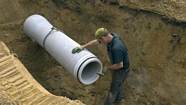 Worker laying new sewer pipe in slot in the street
