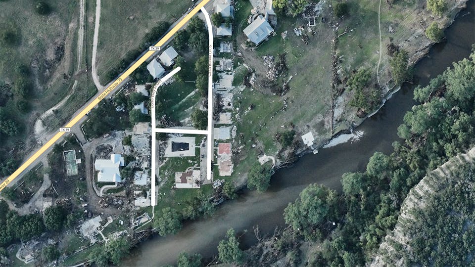 Damaged properties line the Guadalupe River in Kerr County, Texas following the devastating flooding that occurred on July 4, 2025. (Credit: NOAA)