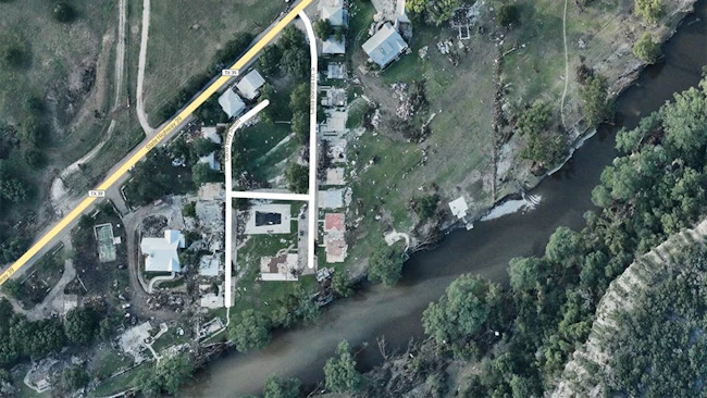 Damaged properties line the Guadalupe River in Kerr County, Texas following the devastating flooding that occurred on July 4, 2025. (Credit: NOAA)