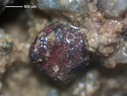 Microphotograph of aquifer samples showing hematite (iron-oxide) minerals. Microphotograph of aquifer samples showing hematite (iron-oxide) minerals.