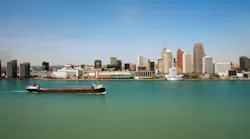 Coastal view of Detroit skyline with cargo barge 4 Coastal view of Detroit skyline with cargo barge 4
