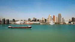 Coastal view of Detroit skyline with cargo barge 4 Coastal view of Detroit skyline with cargo barge 4