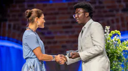Stockholm Junior Water Prize 2026 winner Moroti Adegboyega of Canada receives the award from H.R.H. Crown Princess Victoria of Sweden (Photo credit: Jonas Borg / Stockholm Water Foundation).
